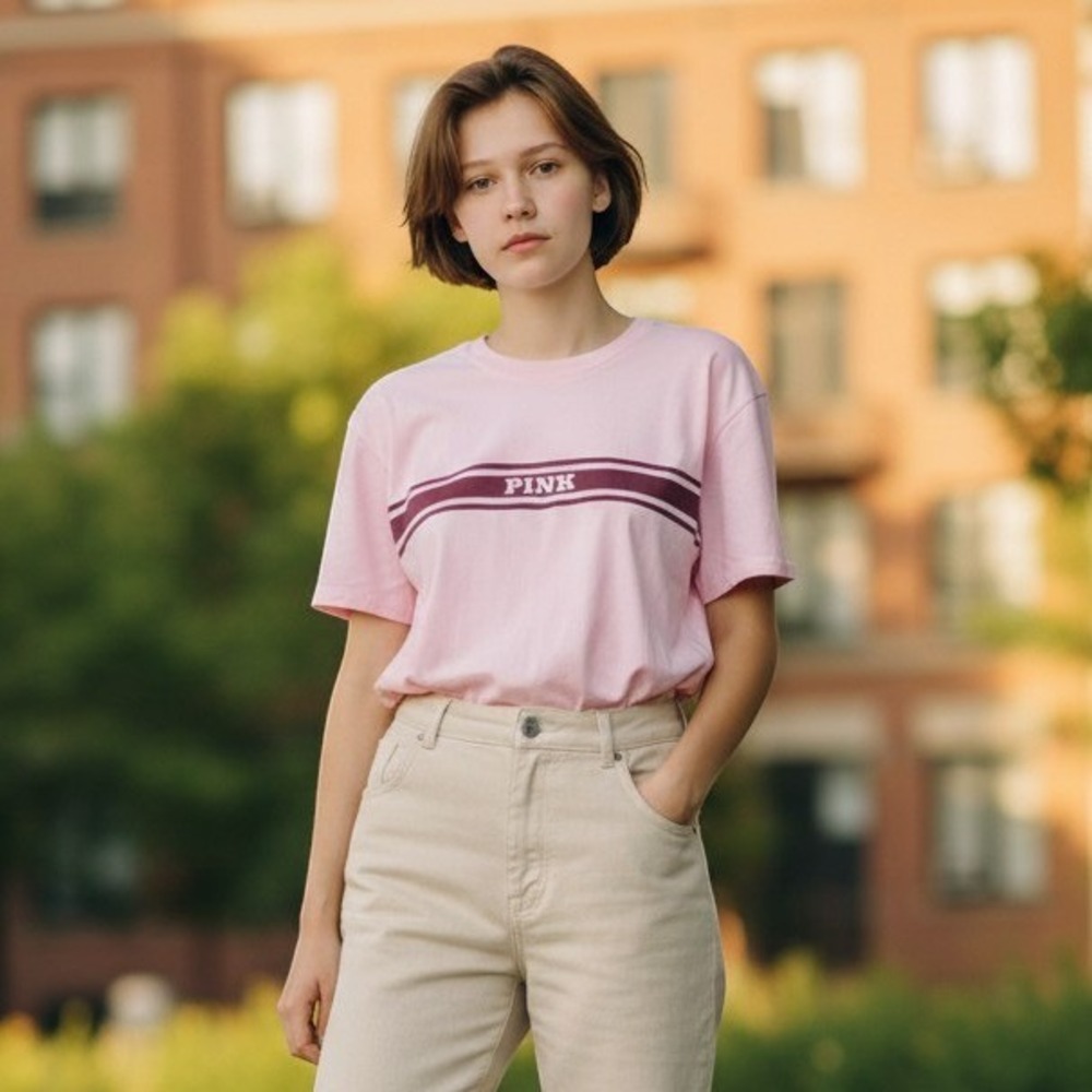 PINK Victoria's Secret T-Shirt Womens Medium Pink Maroon Logo Stripe Tee
